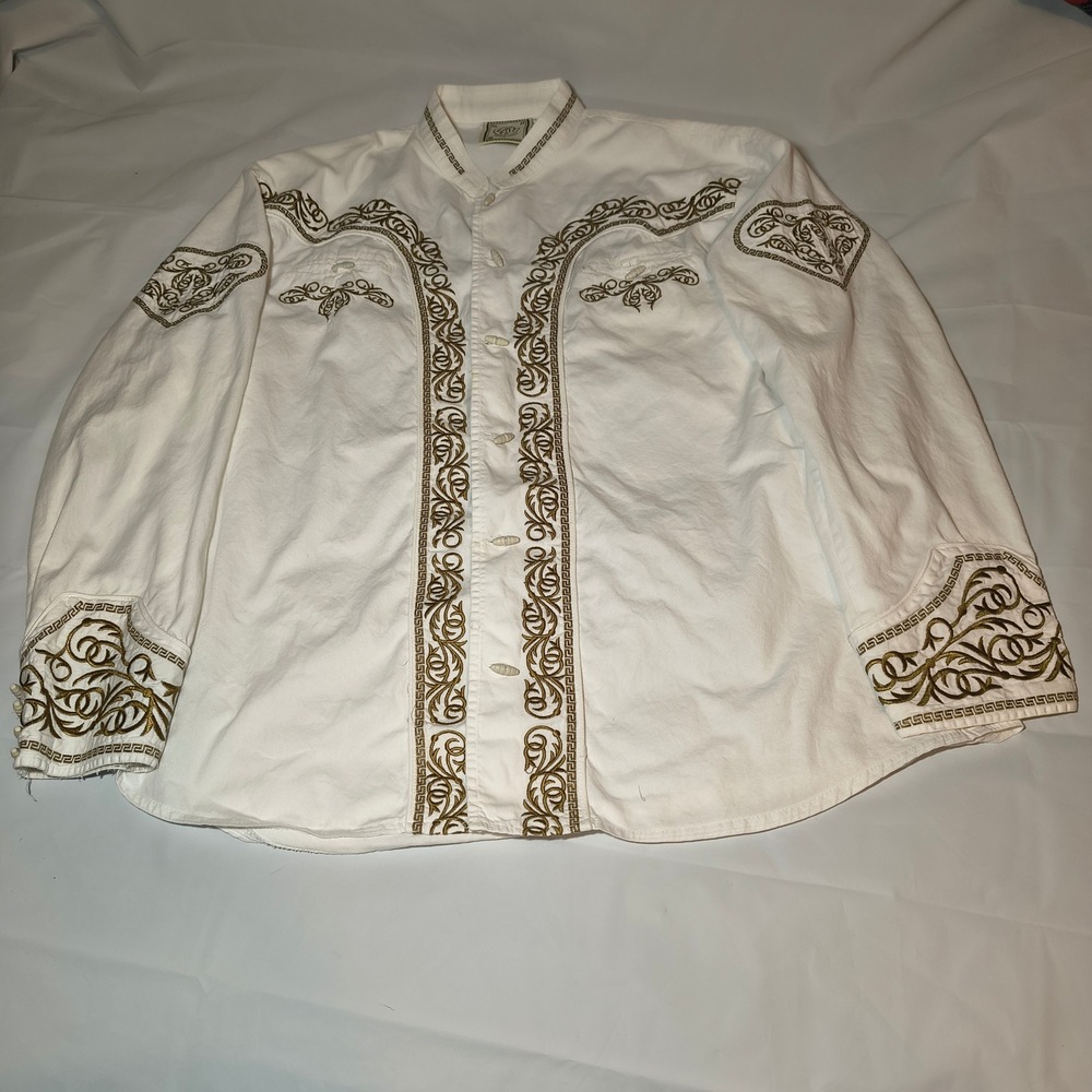 Espuela de Oro White Gold Embroidered Charro Western Shirt XXL/44 Toggle Button